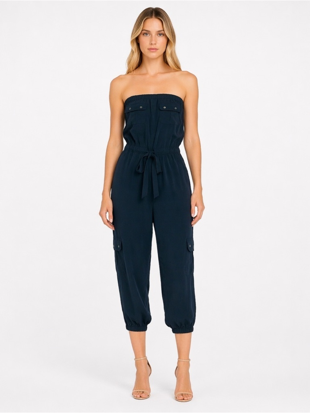 Y2K Cache Black Strapless Jumpsuit Cargo Jogger Style Sz XS Crop Drawstring Romp